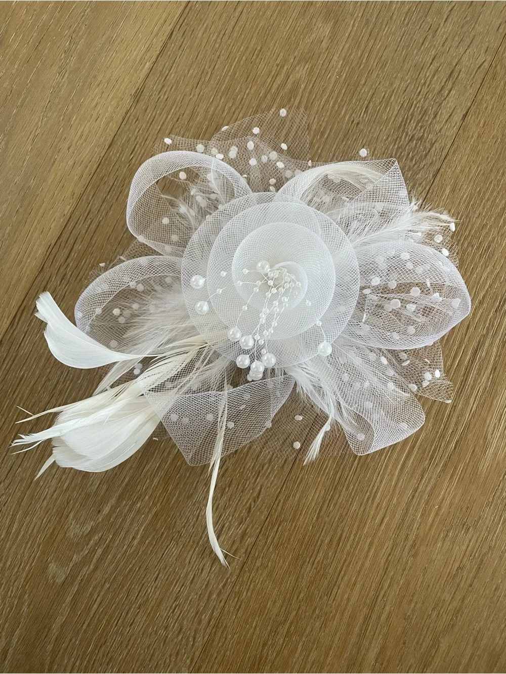 White Floral Tulle & Feather Hair Clip - Bridal Accent